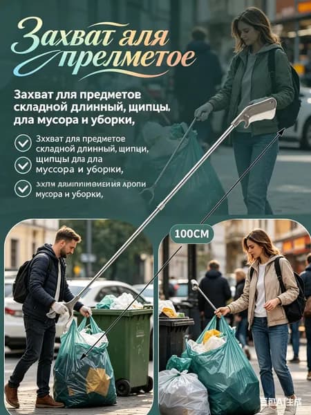 Захват для предметов складной длинный, щипцы для мусора и уборки, противоскользящий зажим, лёгкий алюминиевый корпус, для дома и улицы без наклонов
