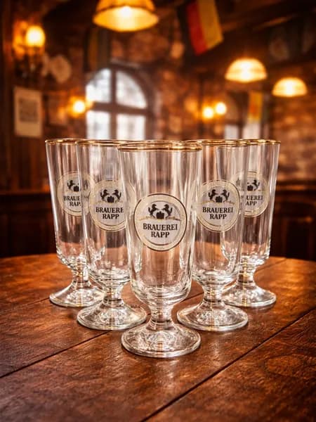 Набор пивных бокалов на ножке 5 штук 400 мл Brauerei Rapp винтажный, стекло, 18.5 см, Германия, 1960-70 гг.