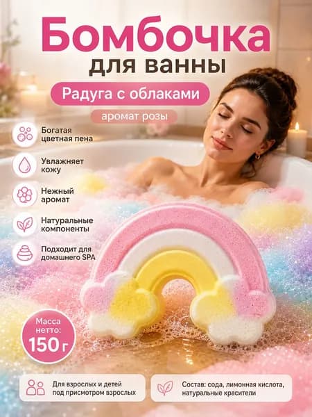 Бомбочка для ванны Радуга с облаками, аромат розы, увлажняющая, натуральная, для спа, 1 шт