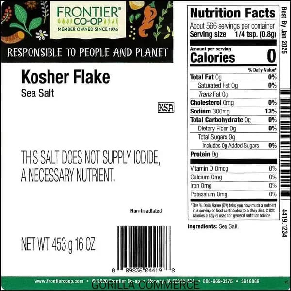 Frontier Co-Op, Kosher Flake Sea Salt, кошерная морская соль, хлопья, 453 г
