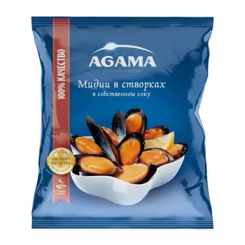 Мидии в створках Agama варено-мороженые в собственном соку 450г