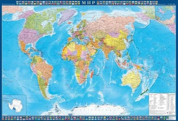 Карта мира политическая 1:22 000 000 настенная 160x102 см
