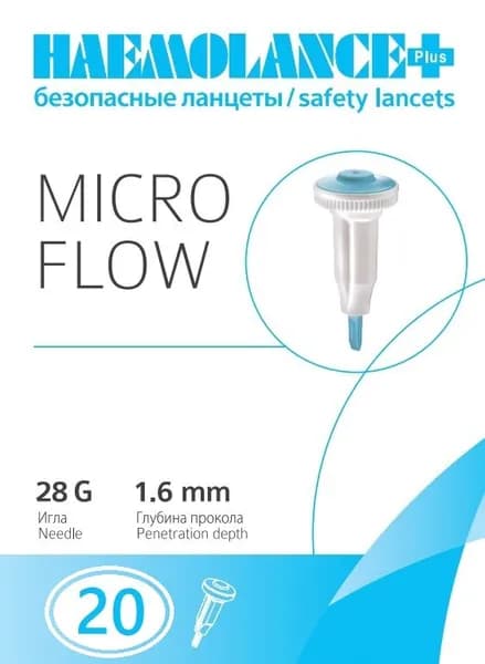 Ланцеты автоматические Haemolance Plus Micro Flow, игла 28G (0,36 мм), глубина прокола 1,6 мм - 20 шт.