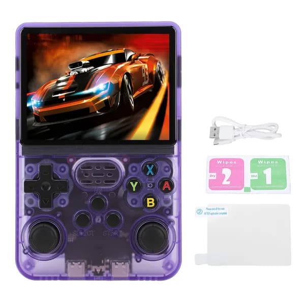 Портативная игровая консоль R36S с 3,5-дюймовым IPS-Экраном Поддерживает более 30000 Игр Портативный плеер с картой памяти 64G для Linux Прозрачный Фиолетовый