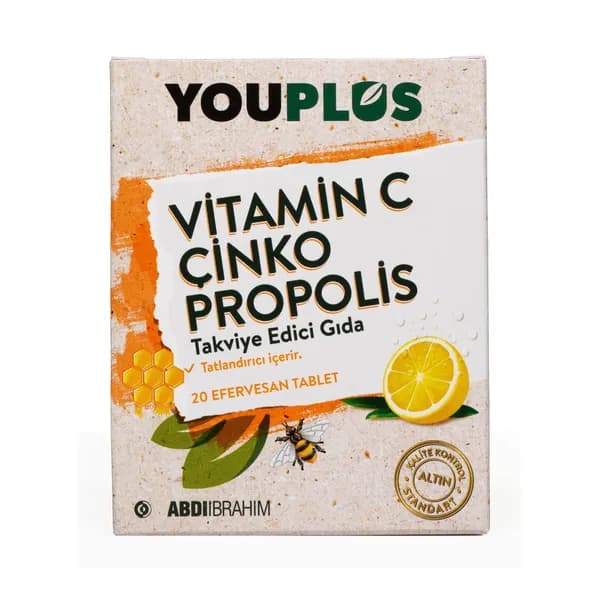 Биологически активная добавка Youplus Vitamin C, Цинк и Прополис, 20 шипучих таблеток, лимон