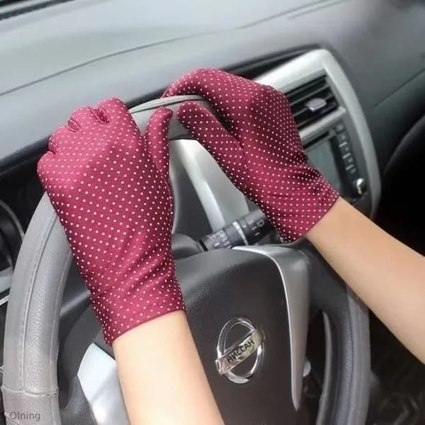 Перчатки женские защитные от солнца PolkaDot-Gloves-001, бордовые в белый горошек