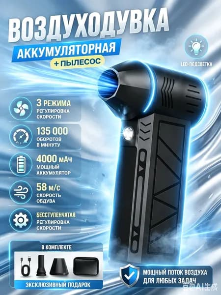 воздуходувка пылесос аккумуляторная, ручной пылесос , 4000 мАч, 2 насадок, 3 режима, c защитным кейсом и TYPE-C