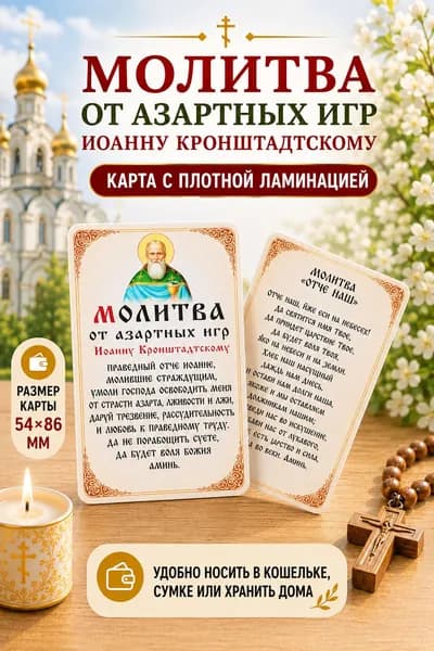 Двусторонняя ламинированная карточка Молитва от азартных игр и игромании Иоанну Кронштадтскому и Отче Наш, иконка, 86х54 мм