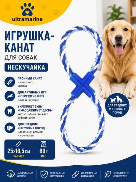 Игрушка канат для собак средних и крупных пород КАНАТИК, восьмерка , цвет синий