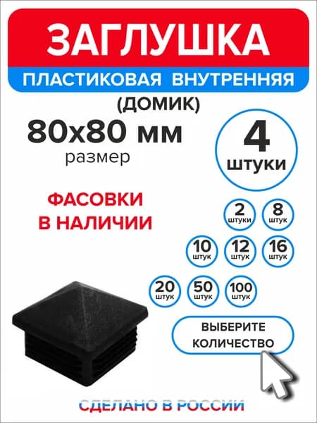 Заглушка для профильной трубы 80х80 мм Домик, 4 штуки