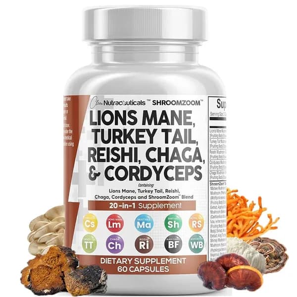 Clean Nutraceuticals Львиная грива 3000 мг 20 в 1 Грибная добавка, 60 капсул