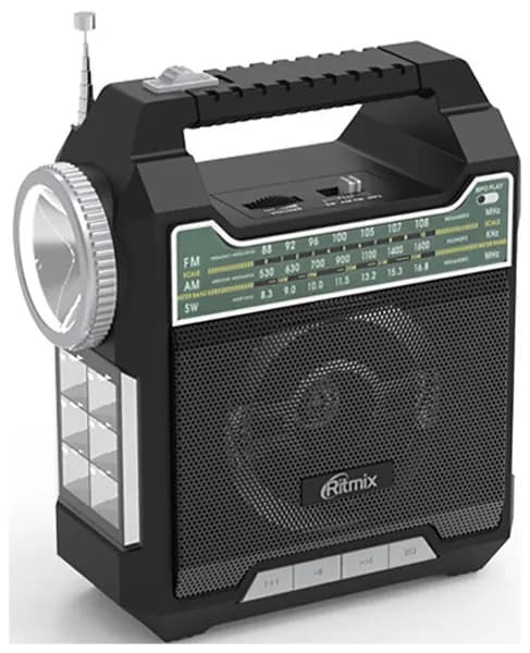 Радиоприемник с 2 яркими фонарями RITMIX RPR-444 черный, FM / AM / SW, эквалайзер, USB-разъем для подзарядки, MP3/USB/SD/AUX, 2 фонаря, телескопическая антенна, ручка для переноски, питание от сети, аккумулятора и батарей, 960 гр, 85 x 180 x 205 мм