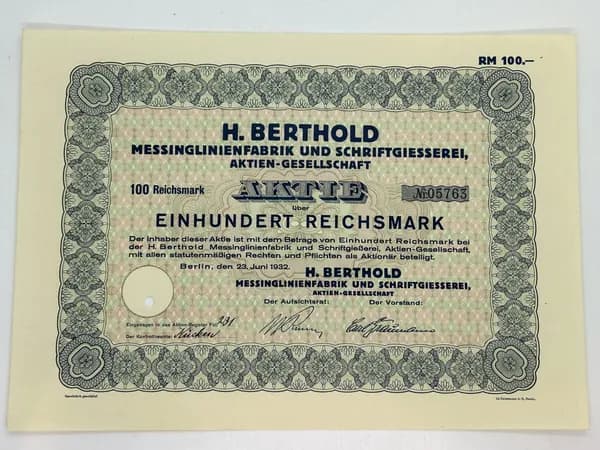 Акция Германия. Компания H. Berthold Fototype, 100 Рейхсмарок 1932 №59