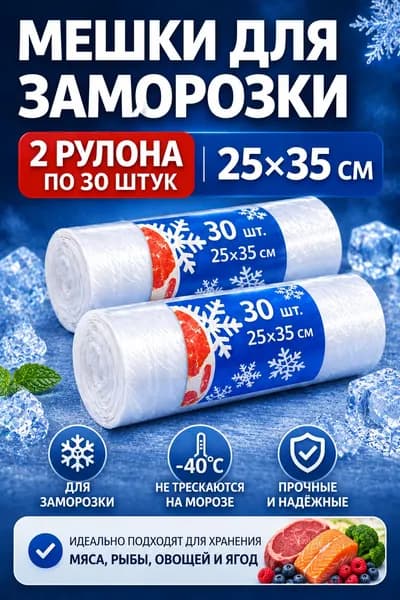 Пакеты для заморозки в рулоне без втулки/ фасовочные/ пищевые/25х35/60шт