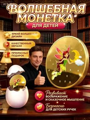 Награда от зубной феи монета 40 мм золотистая, подарок за первый выпавший зуб. Сувенирный талисман в прозрачном футляре для создания сказки дома.