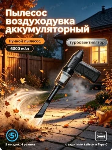 Пылесос воздуходувка аккумуляторный, мощная, для компьютера, турбовентилятор, 5 насадок, 4 режима.