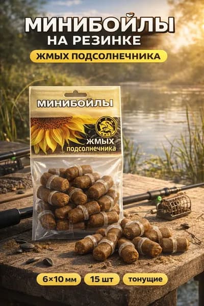Карповая насадка минибойлы, жмых подсолнечника, 6x10 мм, на резинке - тонущие бойлы для фидера и донной ловли, 15 шт