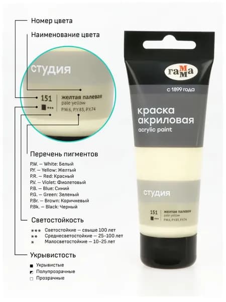 Краска акриловая художественная Гамма "Студия", 75мл, пластиковая туба, желтая палевая (280220151)