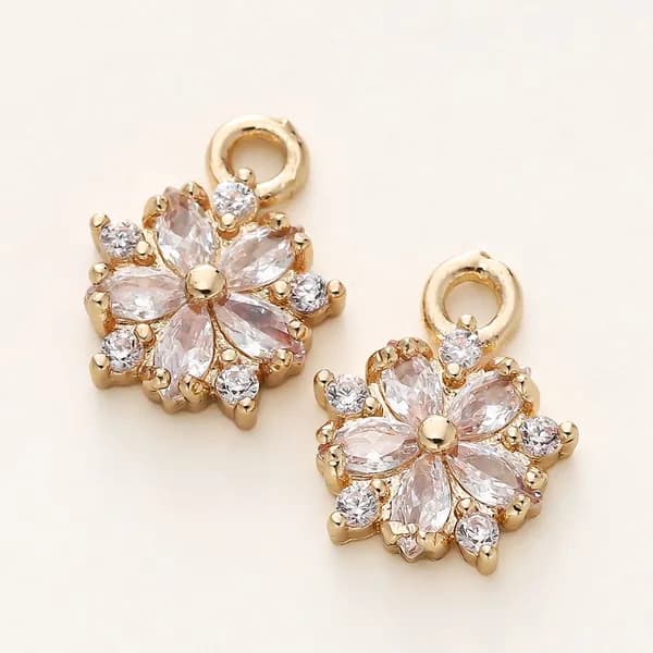Кулон Подвеска латунь с позолотой 18K, 2 шт. для рукоделия / браслета / сережек, с цирконом, Форма цветок, покрытие, 9.5x12 мм