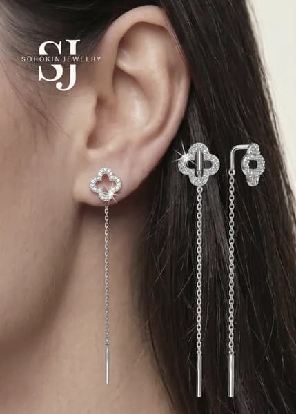 Серебряные серьги протяжки клевер SOROKIN JEWELRY