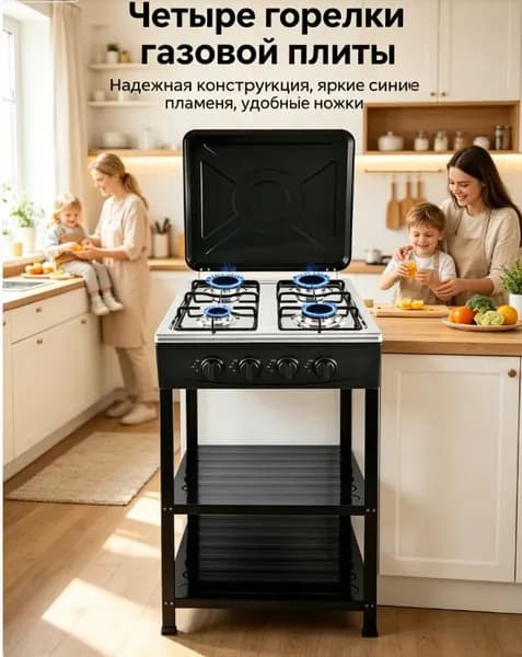 Отдельностоящая газовая плита 5 конфорок с электроподжигом и газ-контролем, напольная варочная панель из нержавеющей стали, решётки чугун, природный и сжиженный газ