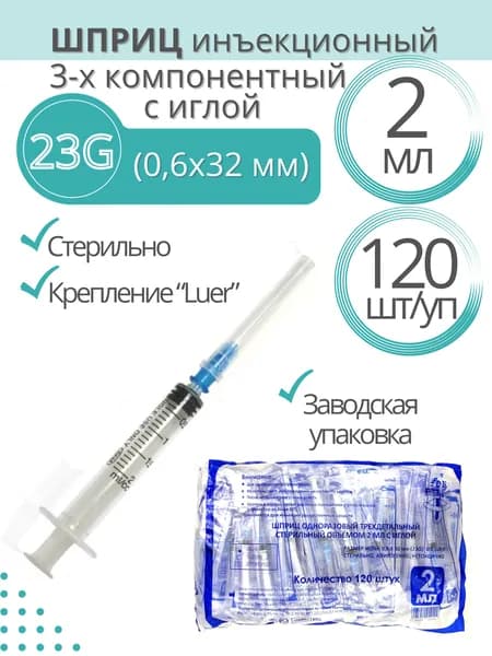 Шприц 3-х компонентный, 2 мл, КОМПЛЕКТ 120 шт., игла 0,6х32 - 23G