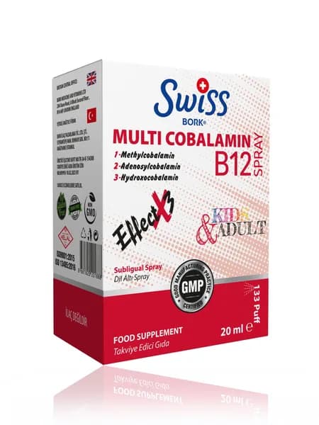 Swiss Bork Multicobalamin B12 Spray Метил-, Аденозил- и Гидроксикобаламин в Быстром Формате, 20 мл