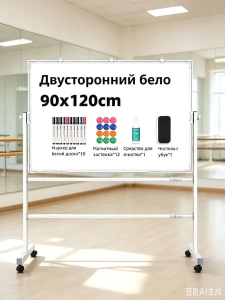 Доска магнитно-маркерная 70x100 см, двусторонняя, мобильная, поворотная, на колесах