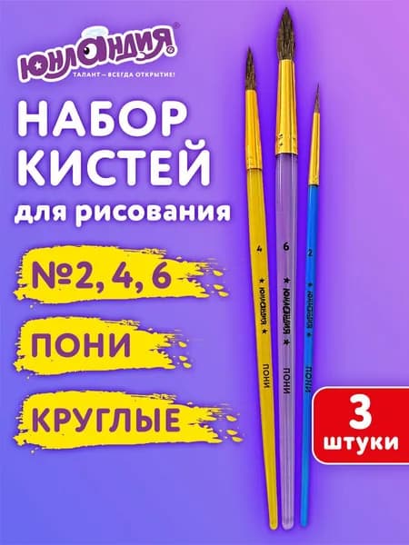 Кисти для рисования в школу набор 3 штуки, кисточки круглые № 2 4 6, пони, Юнландия
