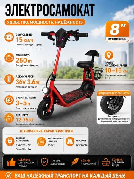 Электросамокат DDHBC-36V3.6AH, темно-бордовый