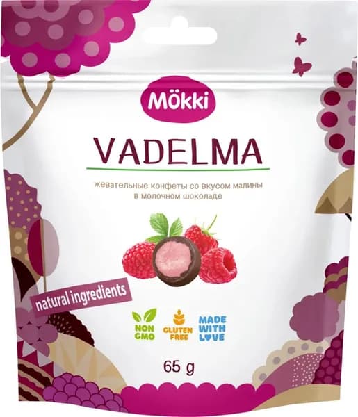 Жевательные конфеты Mokki в молочном шоколаде со вкусом малины 65г