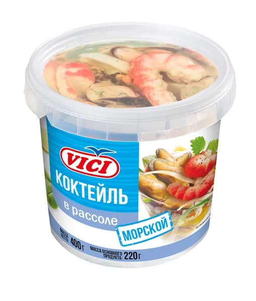 Коктейль из морепродуктов с креветками в рассоле Морской 400 г, VICI