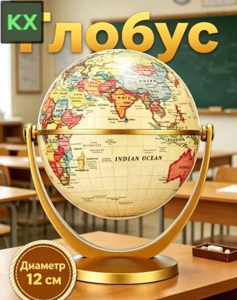 Глобус физический на пластиковой подставке, высота 15 см, масштаб 1:20 млн