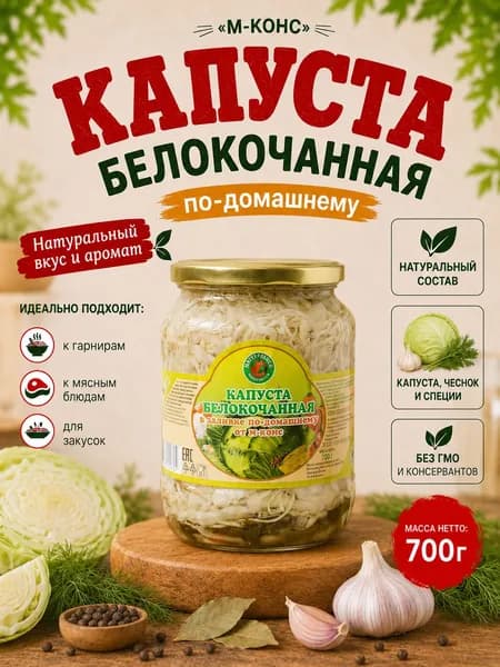 Капуста белокочанная в заливке по-домашнему, 700 г