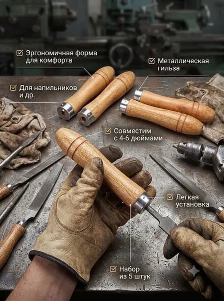 Эргономичные деревянные ручки для напильников, длина 9 см, отверстие 4 мм, набор 5 шт, под напильники 46 дюймов