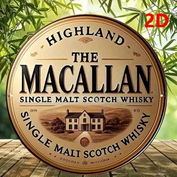 Плоская винтажная круглая деревянная табличка "Highland Macallan" - 7.8x7.8 дюймов, с дизайном состаренного шотландского виски.