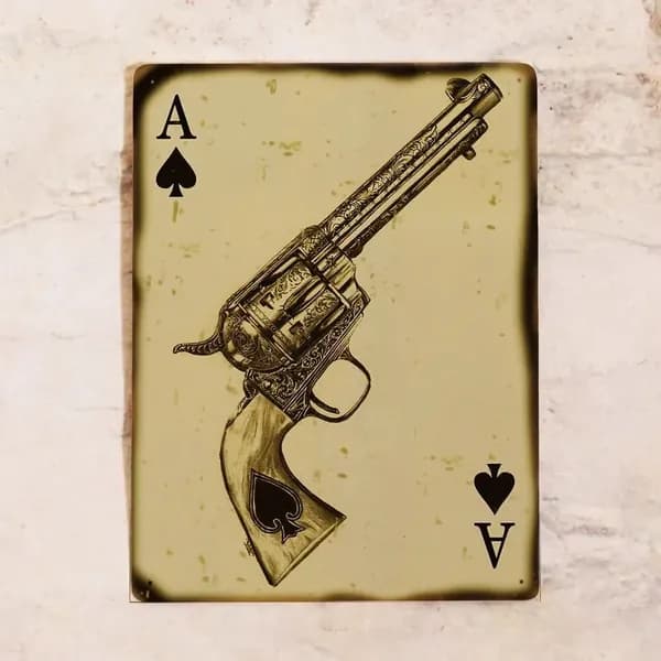 Жестяная табличка в стиле карты деньги, два ствола: Gun ace, декор в гангстерском стиле, металл, 20х30 см