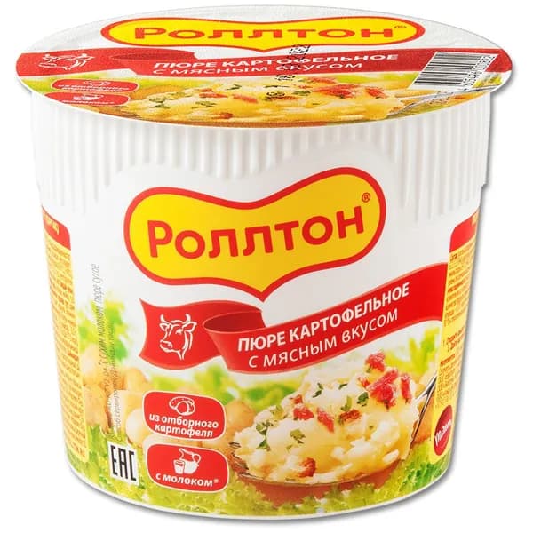 Пюре быстрого приготовления Роллтон с мясным вкусом, в стакане 40 г, 1 шт.