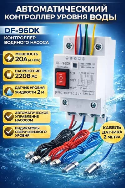 Автоматический контроллер уровня воды DF-96DK / датчик определения уровня жидкости / контроллер водяного насоса 20A 220В (кабель датчика 2 м) (Д)