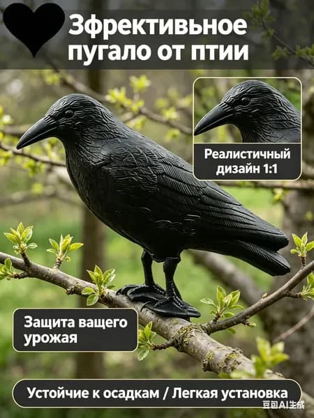 Чучело вороны садовое для отпугивания птиц, реалистичный муляж ворона от голубей и воробьев, декоративная фигурка для защиты урожая на даче.