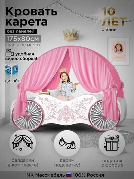 Кровать для девочки "Винтаж Розовая" 175