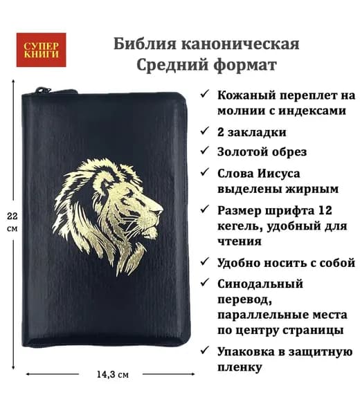 Библия каноническая в синодальном переводе. "Золотой лев", Средний формат. 055zti код 24055-48, кожаный переплет на молнии с индексами, цвет черный металлик, 143*220 мм
