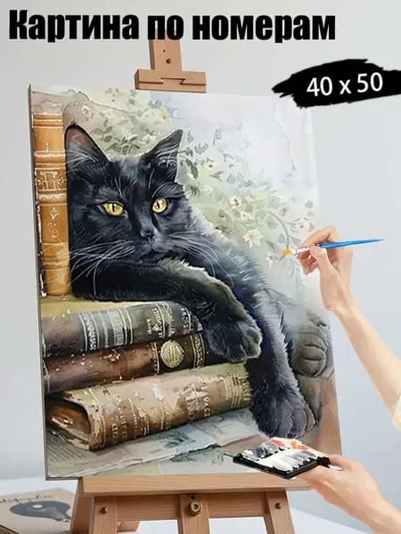 Картина по номерам, Кот neben книгами , ручная роспись антистресс, 40х50 см без подрамника, современный декор для дома