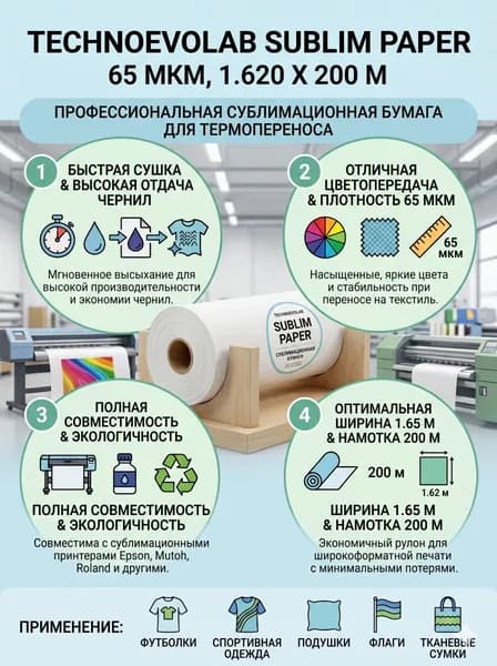 Сублимационная бумага TECHNOEVOLAB SUBLIM PAPER 65 МКМ, 1.620 X 200М