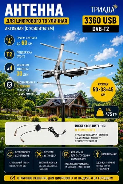 Антенна для цифрового ТВ уличная Триада 3360 USB DVB-T2, активная (с усилителем) цифровая, до 60 км, в комплекте с инжектором питания