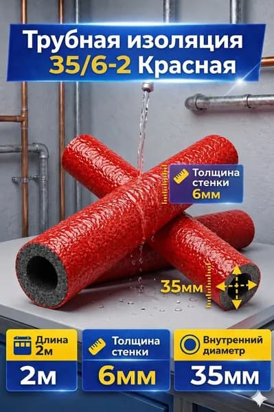 Трубная изоляция из вспененного полиэтилена 35x6 мм, 2 м, красная, для труб отопления, водоснабжения и кондиционирования, теплоизоляция ППЭ