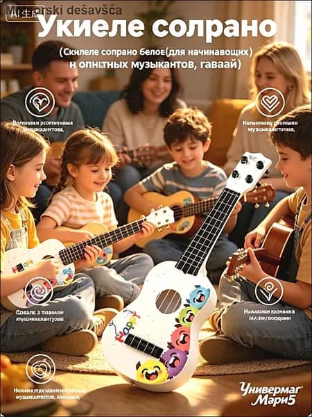 Укулеле сопрано белое (Детская Укулеле, Игрушечная Гитара для детей)