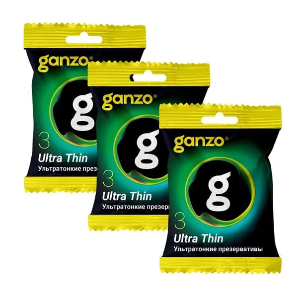 Ganzo Ultra thin Презервативы ультратонкие, 3 пачки по 3 шт (мягкая упаковка)
