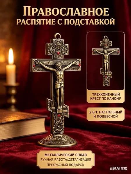 Крест православный настольный с подставкой "Распятие Христово", Металлический крестик на подставке для дома и авто - Религиозный сувенир с эмалью и стразами.