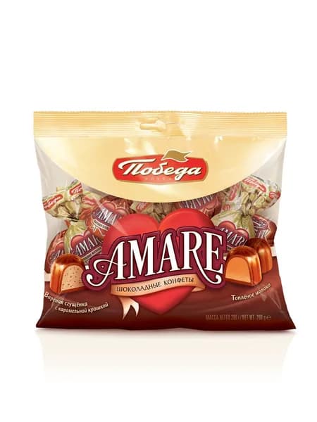 Конфеты Победа вкуса шоколадные, топленое молоко и вареная сгущенка с карамельной крошкой Амаре, 200г